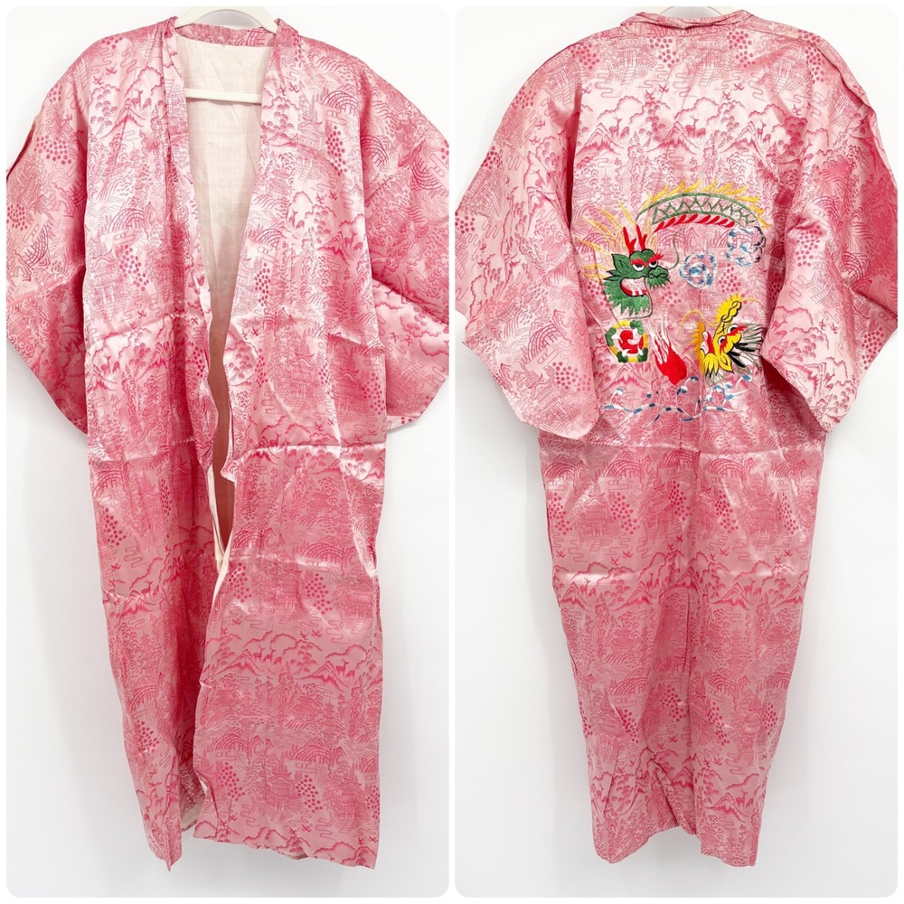 Womens Pink Dragon Phoenix Embroidered Landscape Traditional Kimono Robe OS